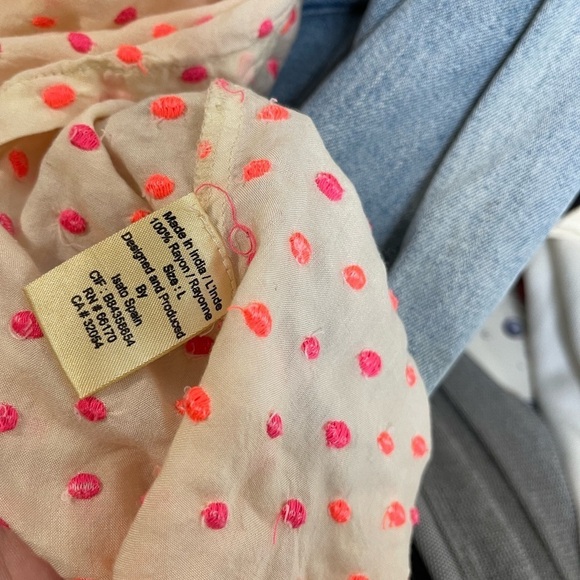 ISATO Anthropologie Cream Peasant Blouse Neon Pink Polka Dot Size Large - Picture 3 of 3